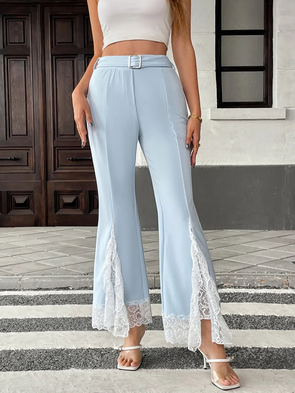 Lace Trim Flare Leg Pants Light Blue