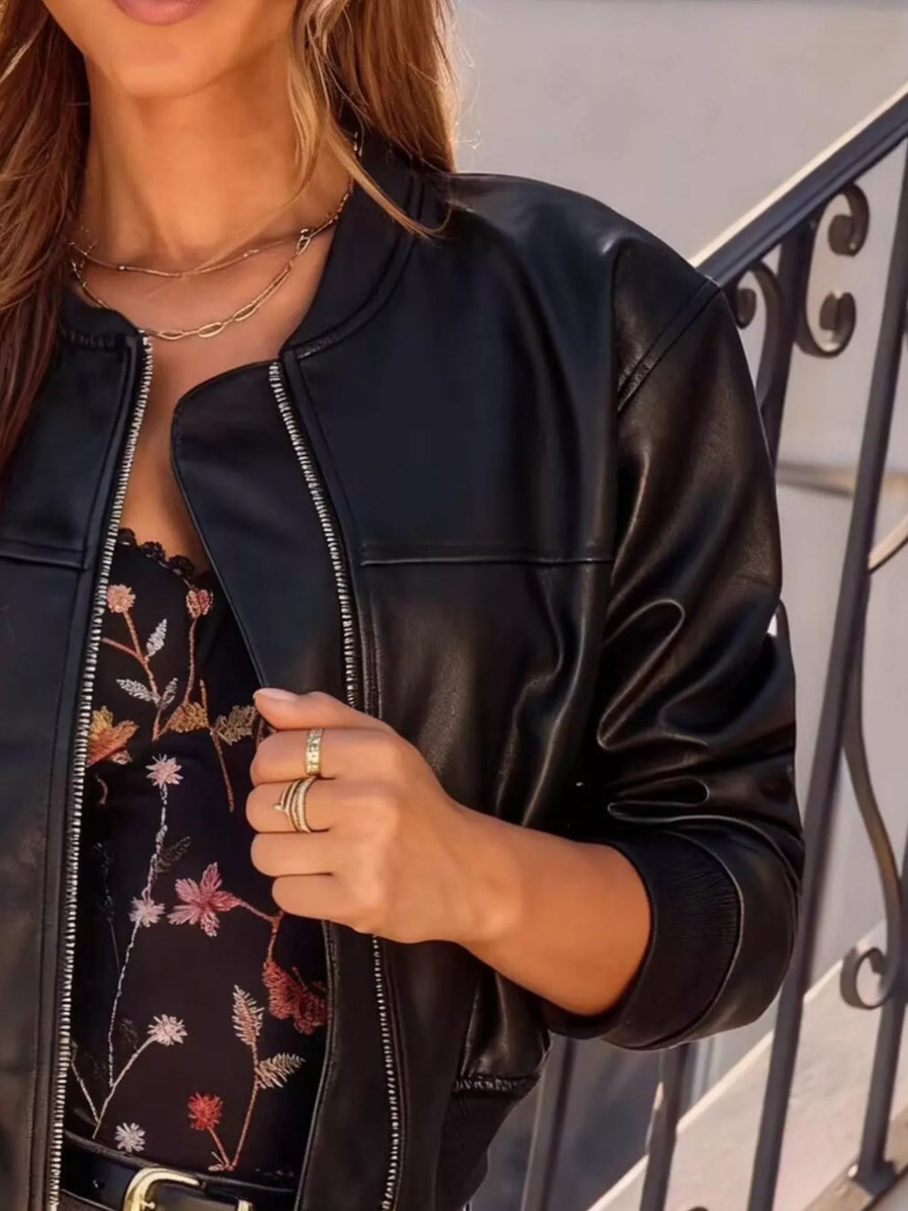 women's zip up leather cropped jacket - product detail