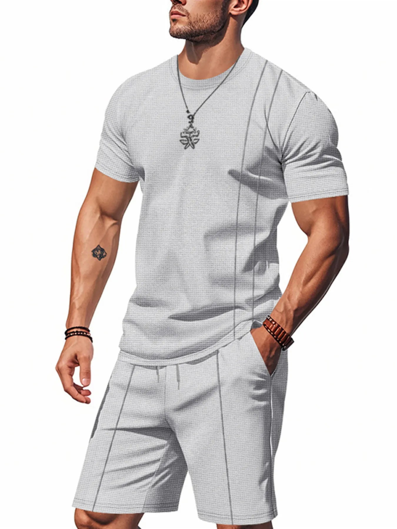 men's men's full size round neck short sleeve top and shorts set plus size - extra view