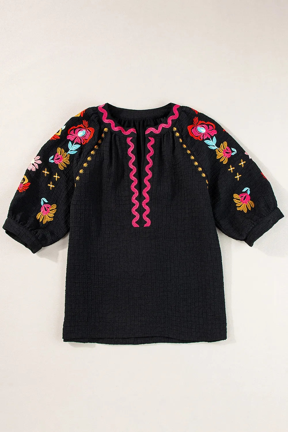 Floral Embroidered Notched Puff Sleeve Blouse