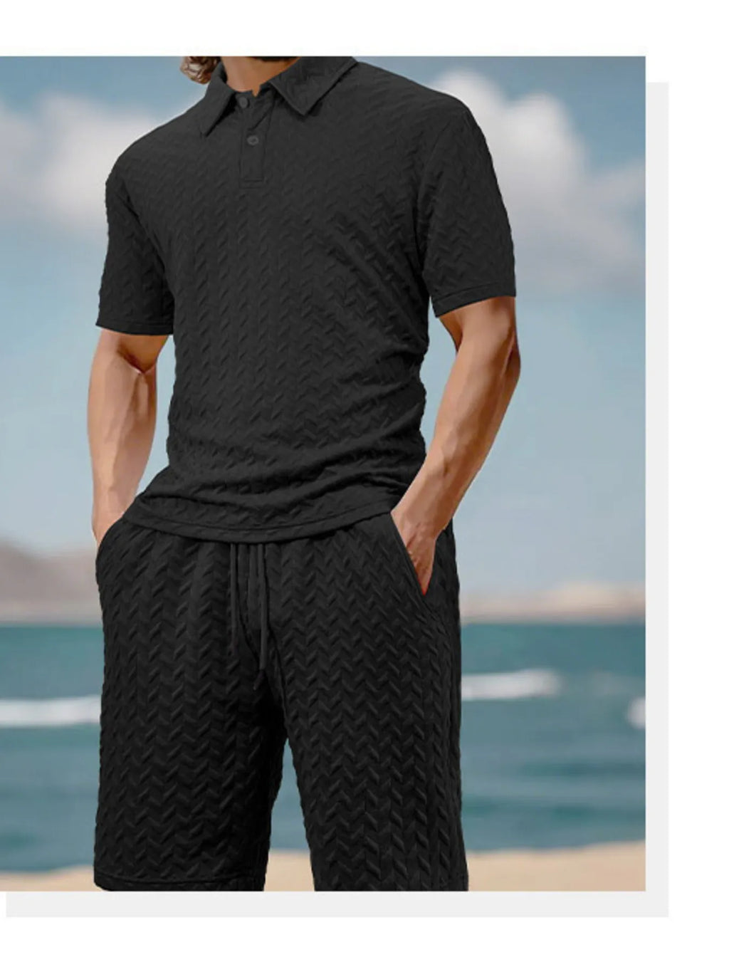 men's men's full size textured polo shirt and shorts set plus size - front view