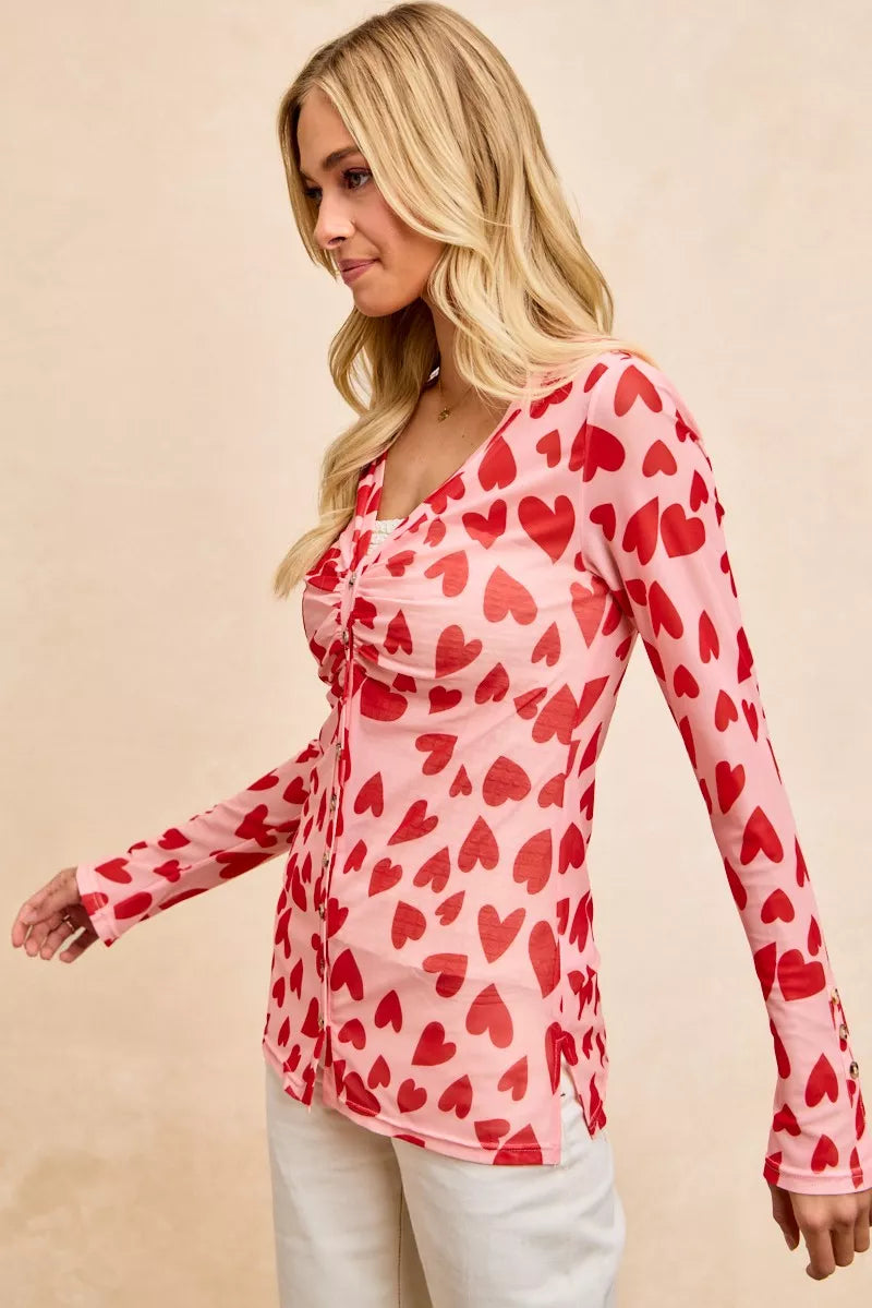 women's bibi button down heart printed mesh shirt with ruched front - additional image