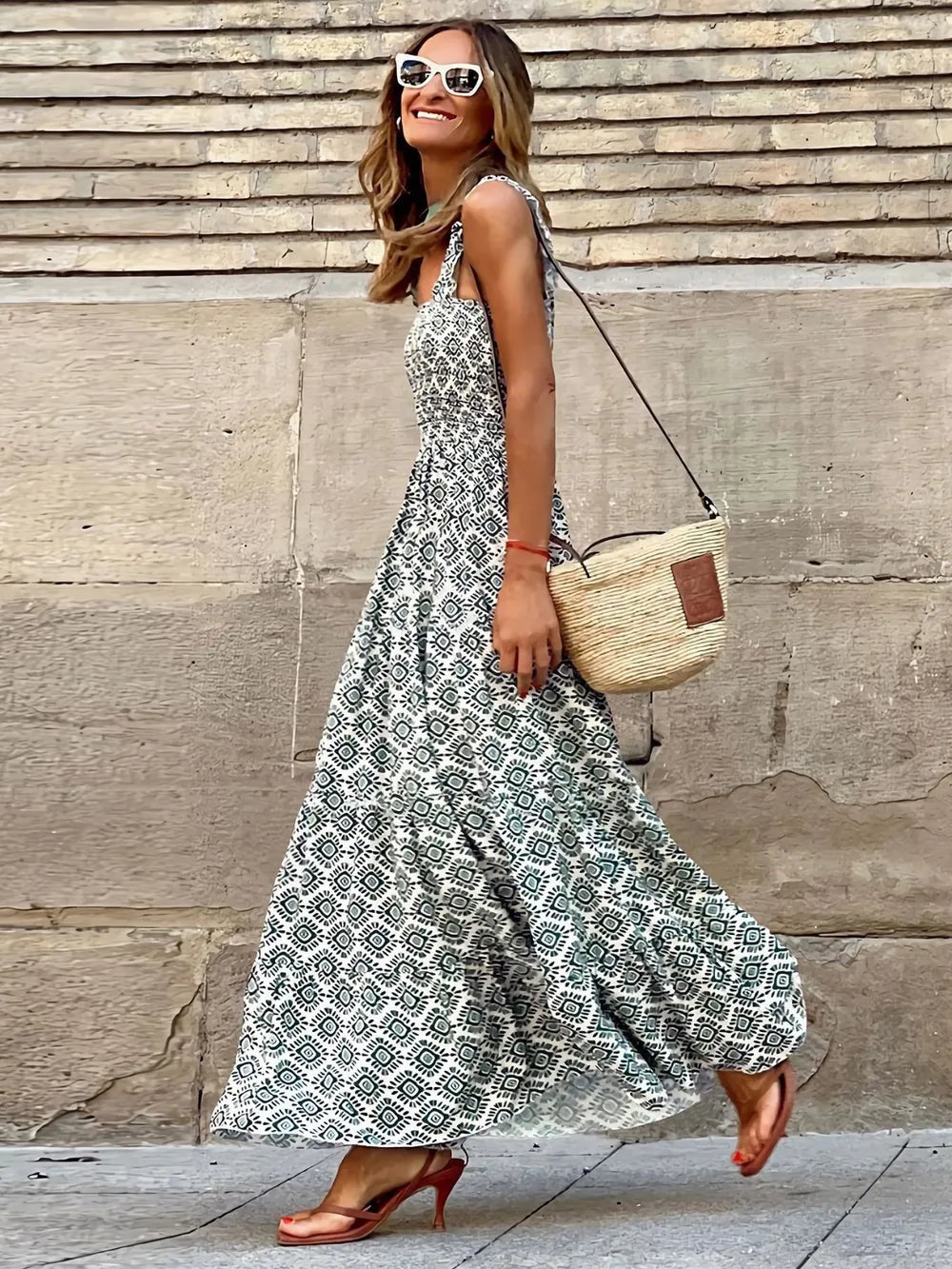 Smocked Printed Square Neck Sleeveless Dress Dark Green