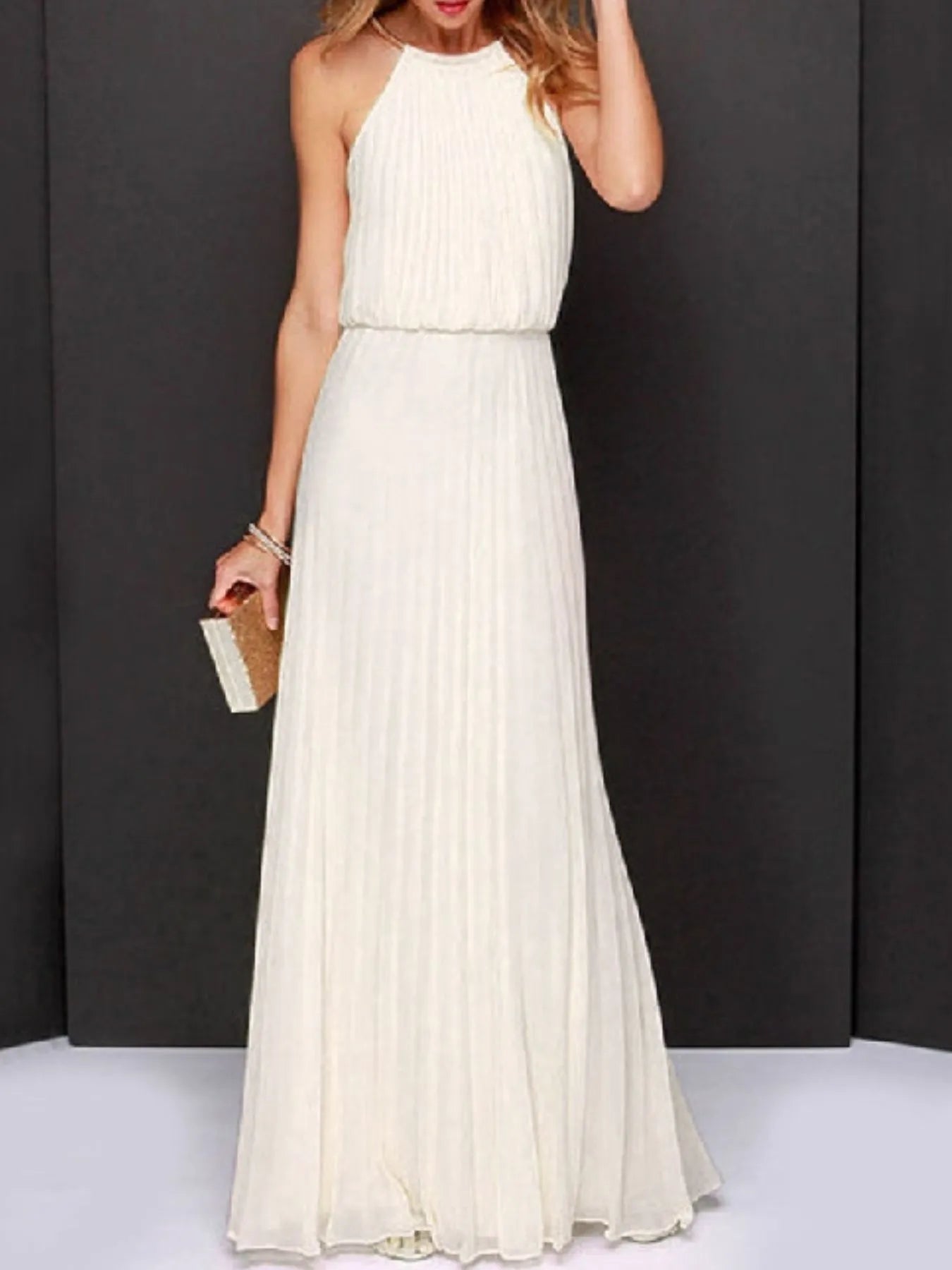 Pleated Sleeveless Maxi Tank Dress Cream
