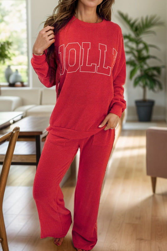 JOLLY Round Neck Long Sleeve Top and Pants Lounge Set Deep Red