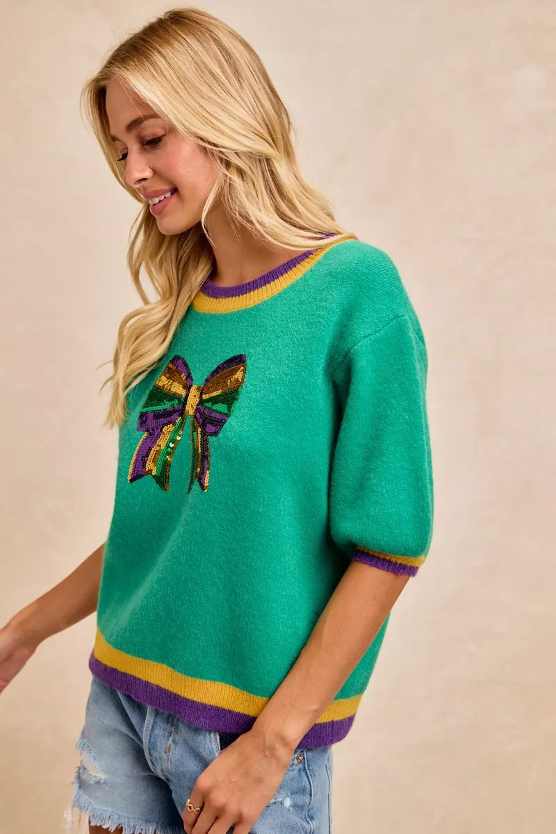 women's bibi mardi gras sequin ribbon patched sweater - styling option