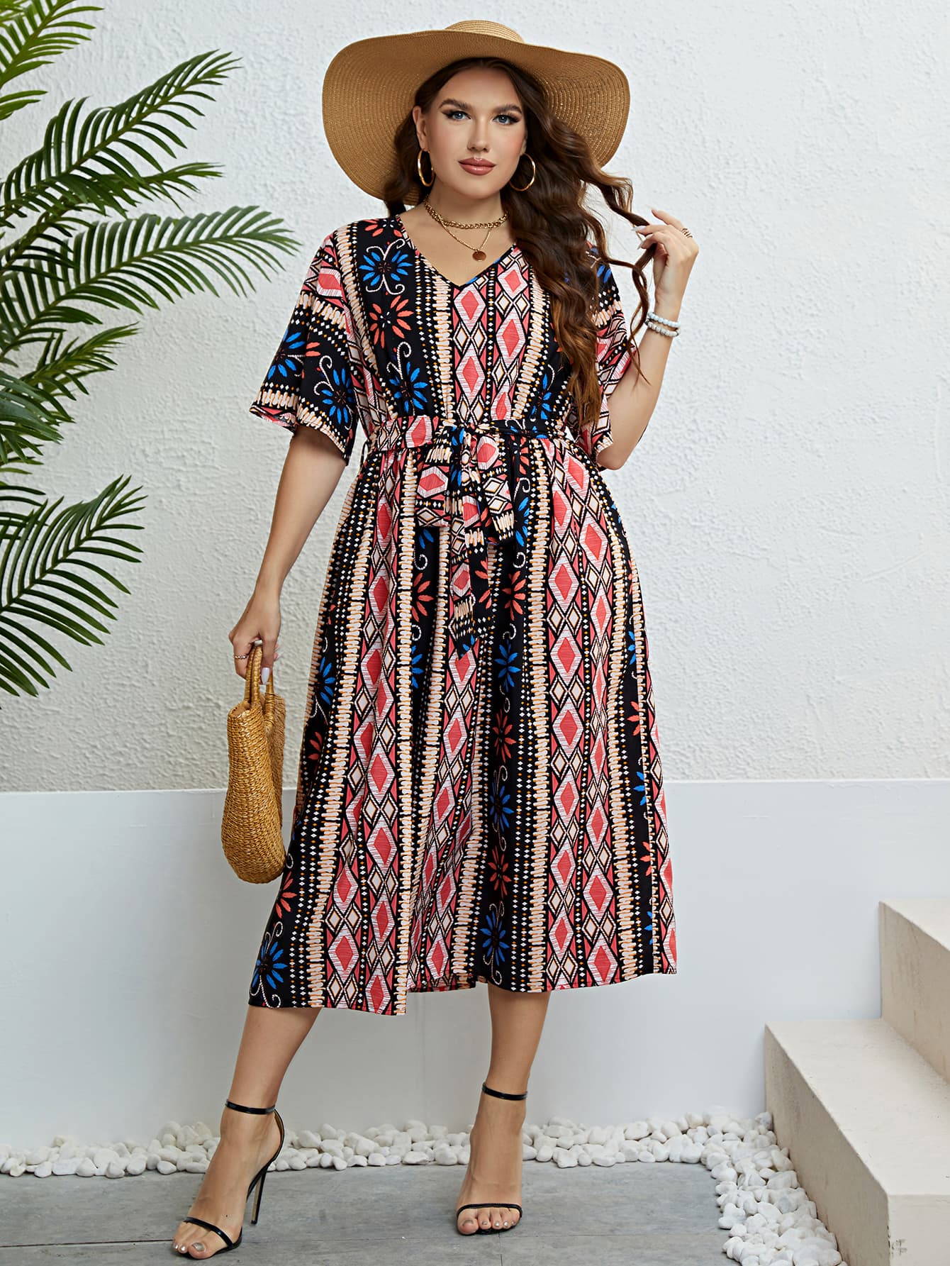 Honey Plus Size Bohemian V-Neck Tie Belt Midi Dress Multicolor