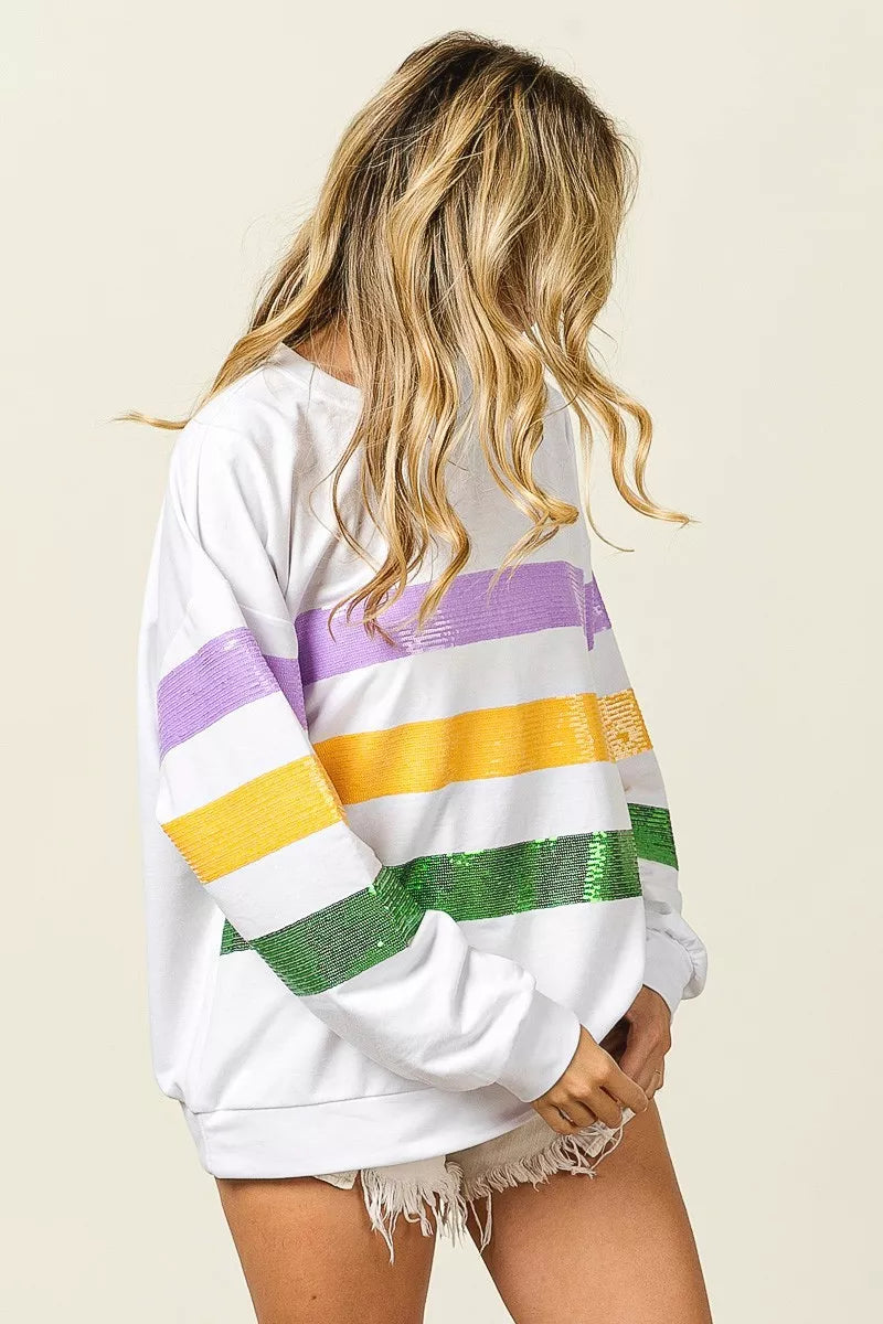 women's bibi sequin mardi gras striped round neck sweatshirt - extra view