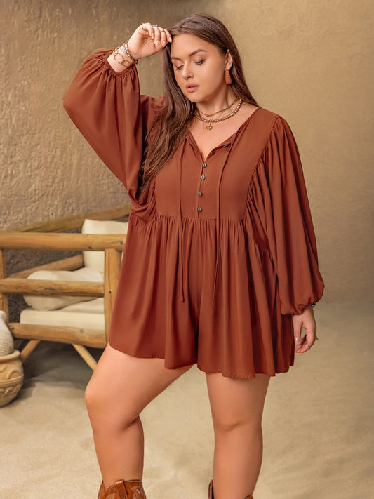 Plus Size Ruched Tie Neck Balloon Sleeve Romper Caramel