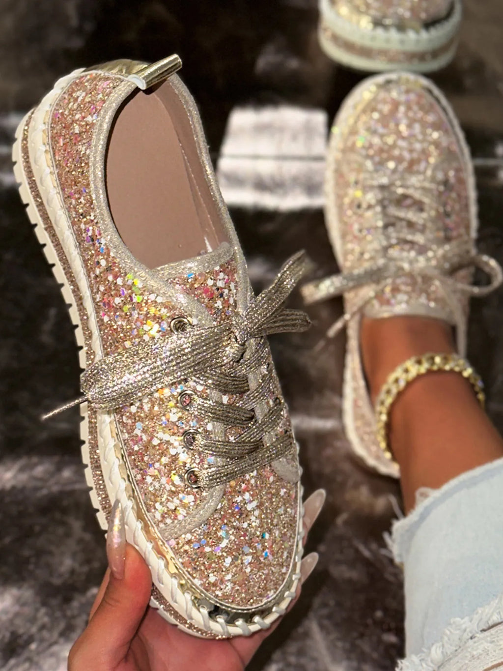 women's lace up round toe platform sneakers - back view