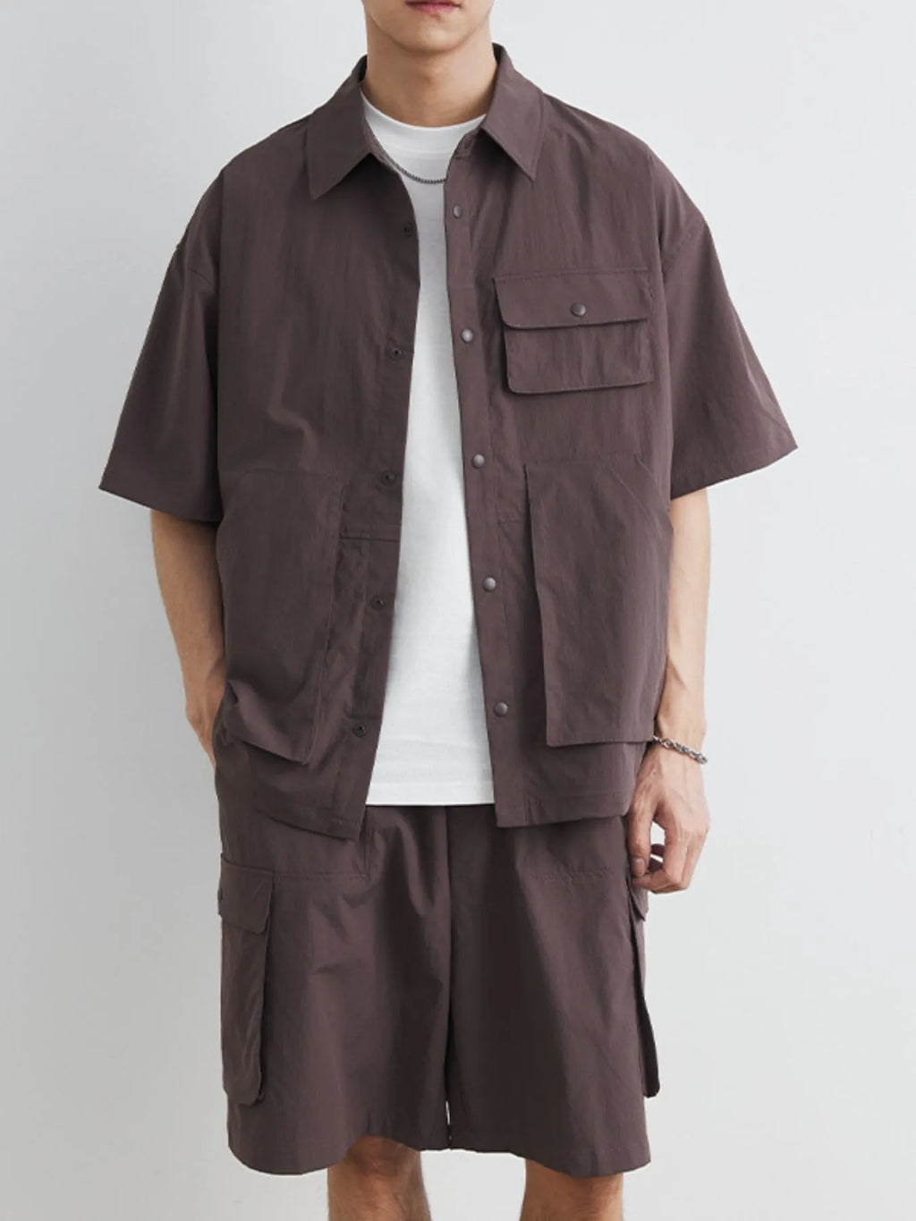 men's men's plus size button up short sleeve shirt and shorts set - extra view