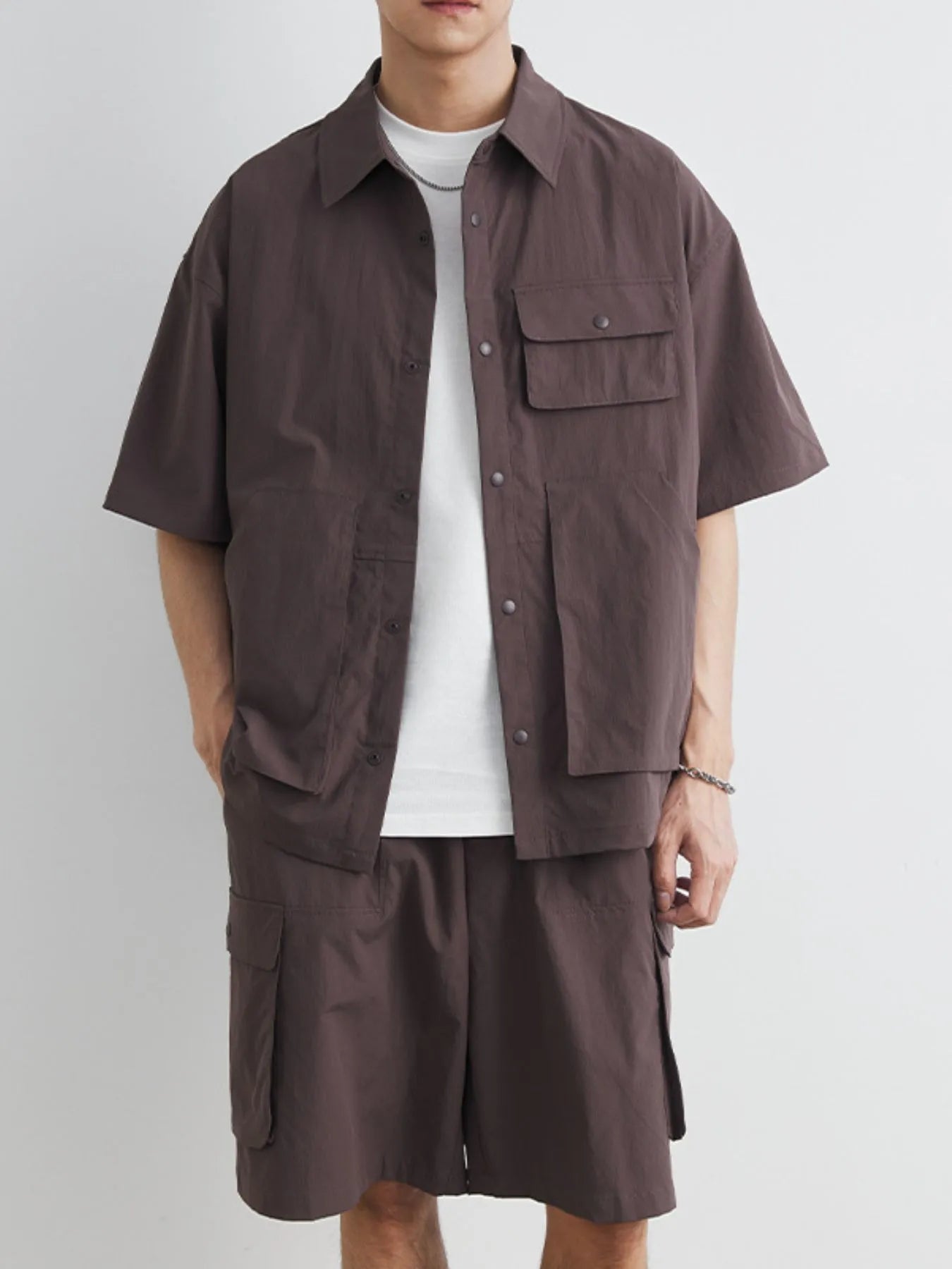 men's men's plus size button up short sleeve shirt and shorts set - extra view