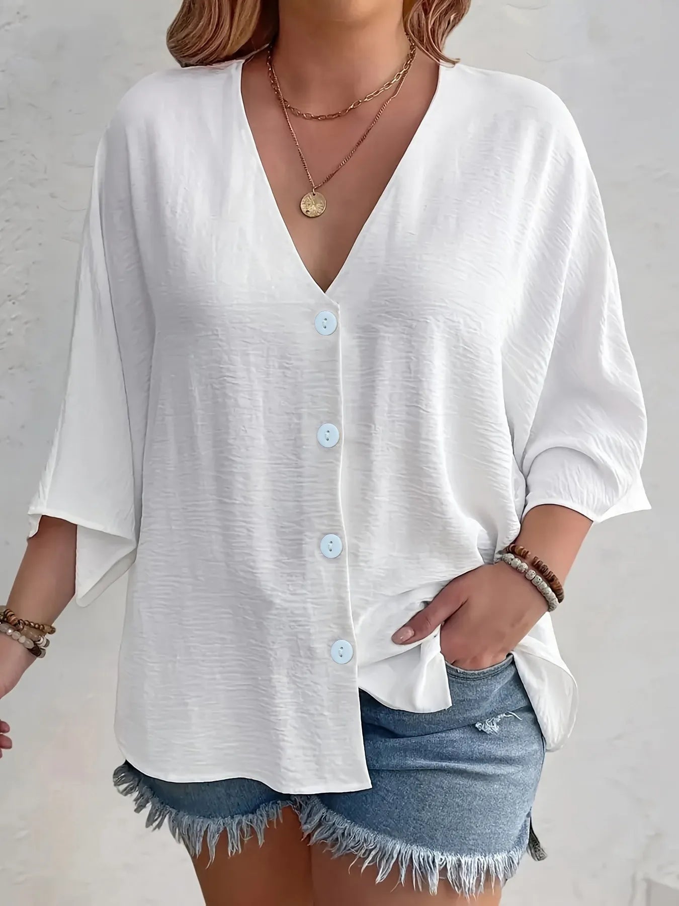 Full Size Casual V-Neck Button Down Relaxed Fit Blouse Plus Size White