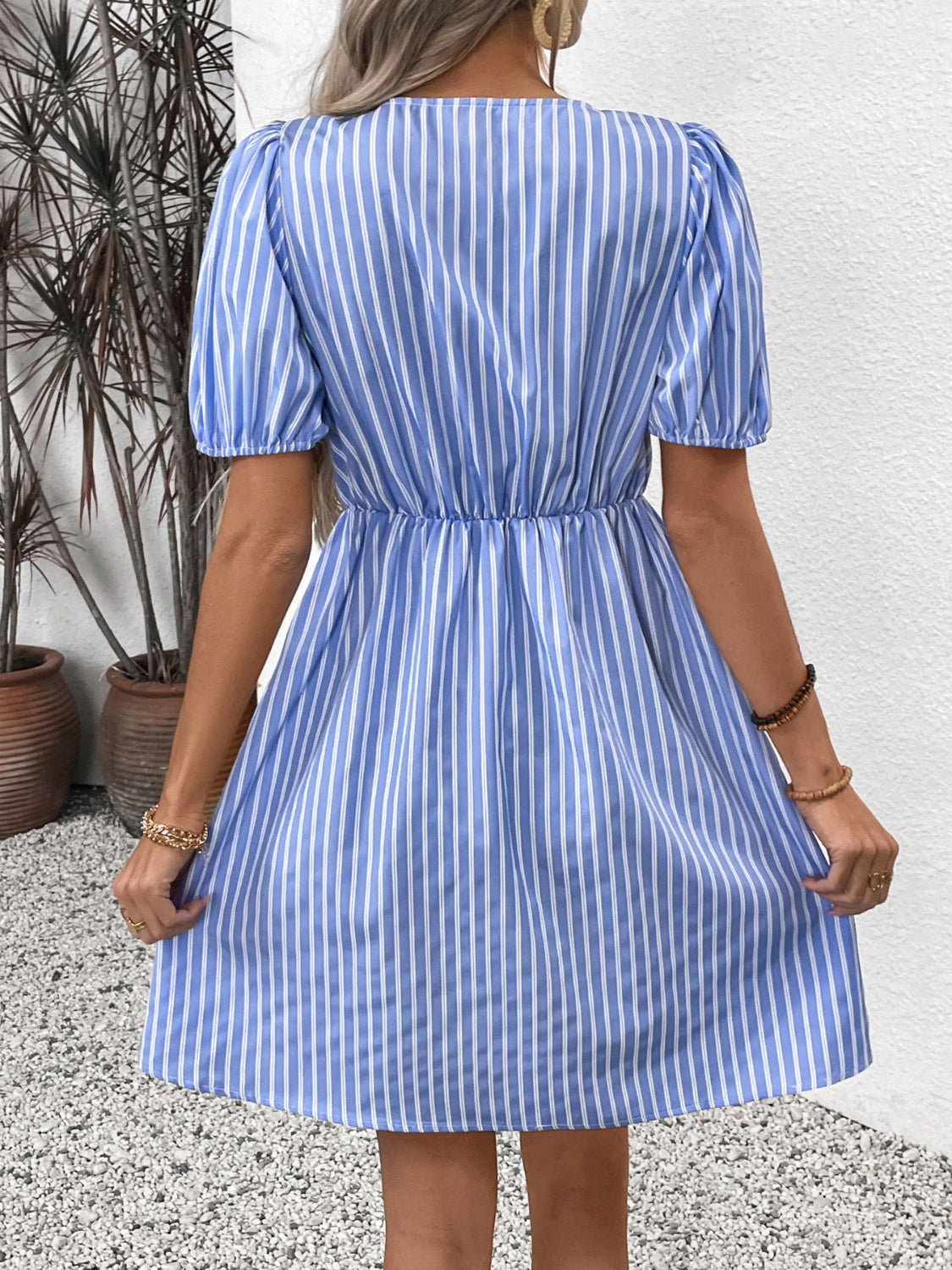 Perfee Tied Striped Short Sleeve Mini Dress