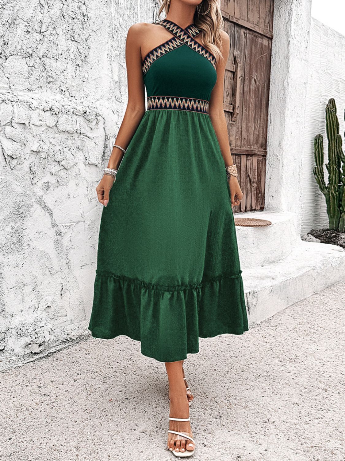 Devine Ruffled Slit Sleeveless Midi Dress Dark Green