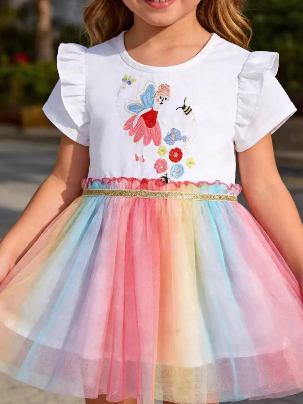 women's children's fairy applique rainbow tulle dress - styled view