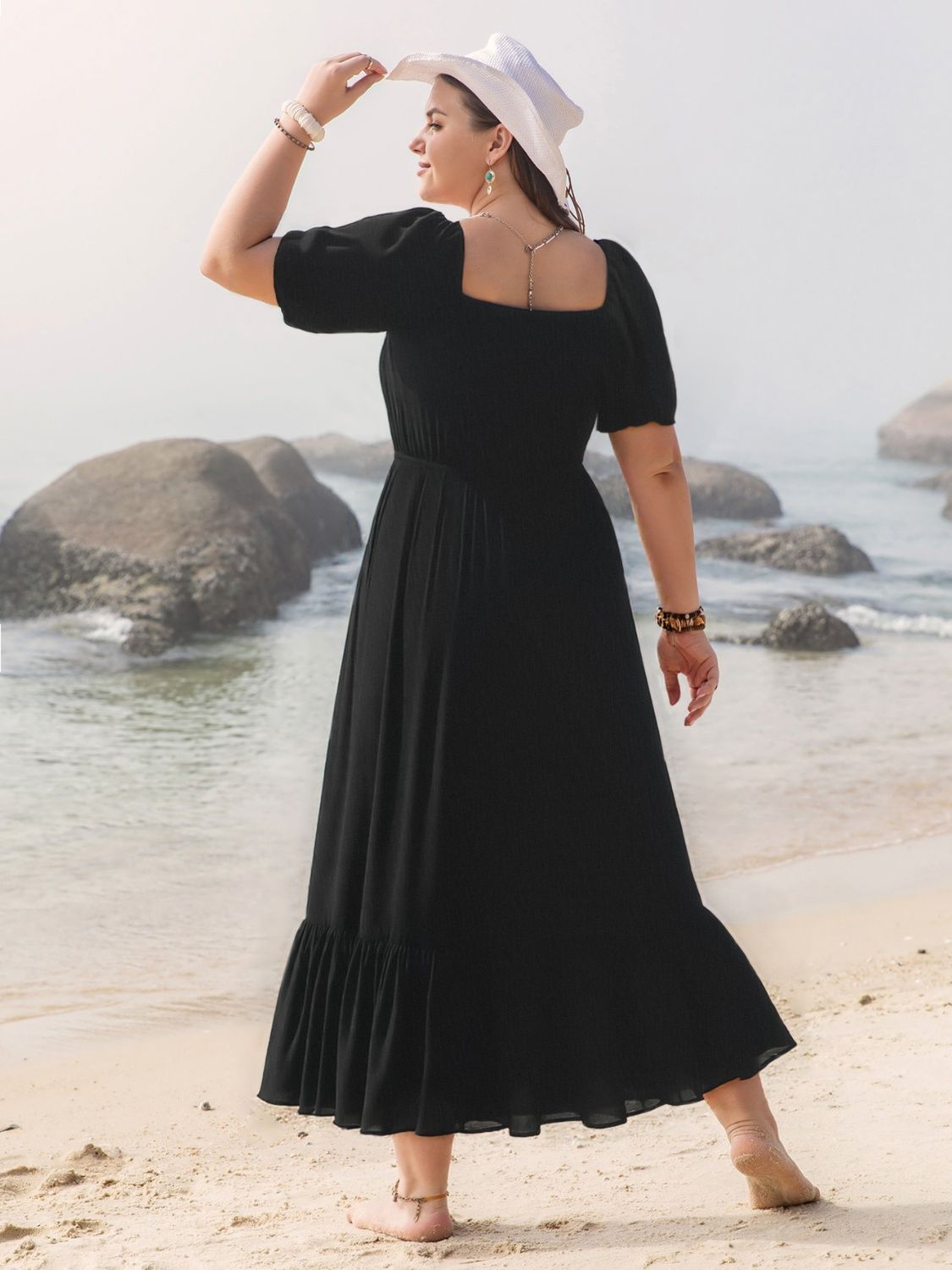 Plus Size Ruffled Hem Square Neck Short Sleeve Dress