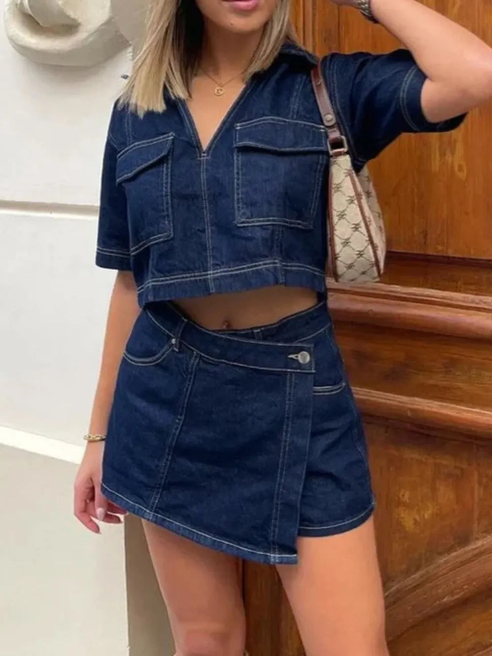 Johnny Collar Short Sleeve Top and Skort Denim Set