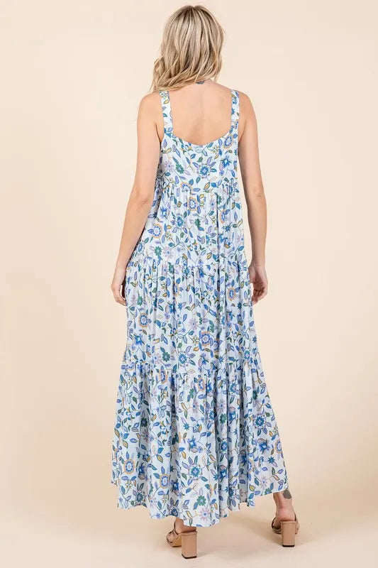 Mittoshop Flower Print Tiered Sleeveless Empire Maxi Dress