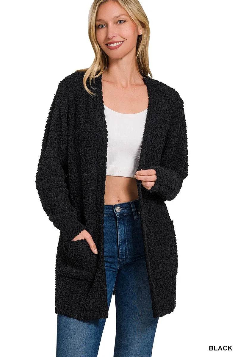 zenana long sleeve popcorn sweater cardigan with pockets - casual soft knitwear shown as women’s car