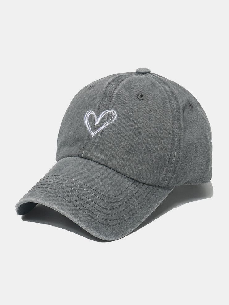 Embroidered Heart Washed Cotton Baseball Cap Gray One Size