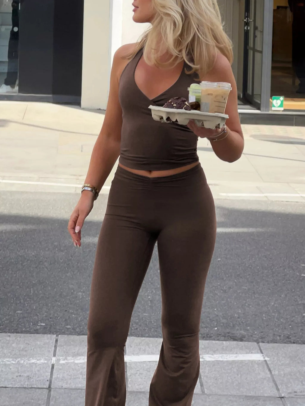 women's halter neck top & flare pants set - back view