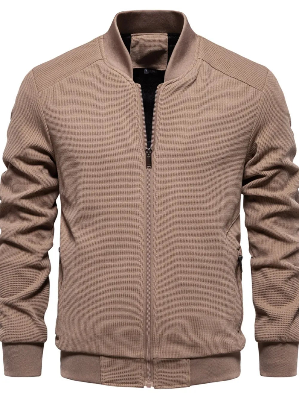 Men's Waffle Knit Baseball Collar Zip Up Jacket Taupe