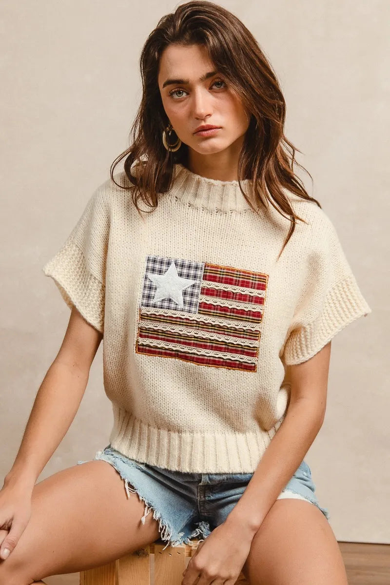 bibi american flag patchwork drop shoulder sweater shown as women’s sweater