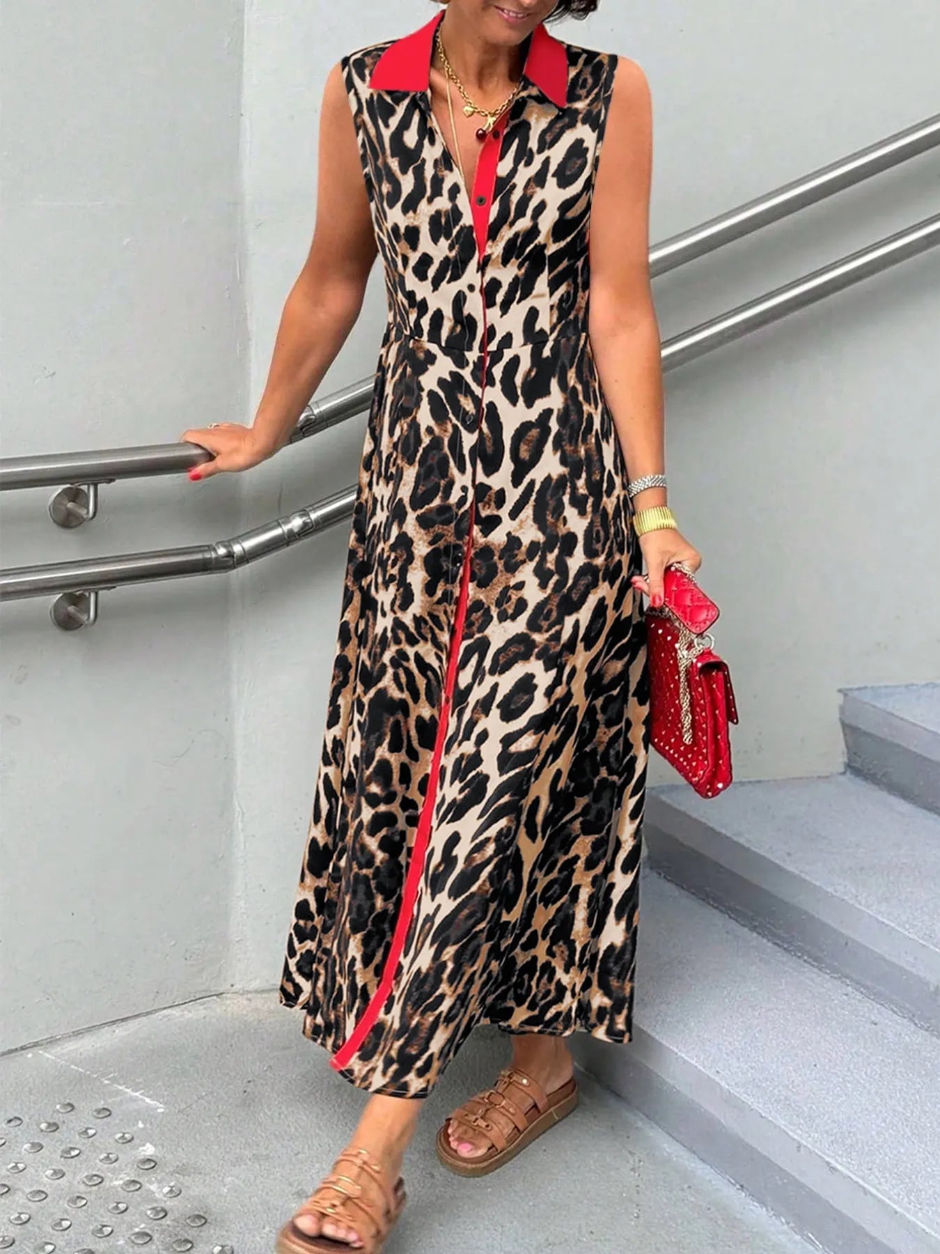Plus Size Leopard Print Sleeveless Maxi Dress Leopard