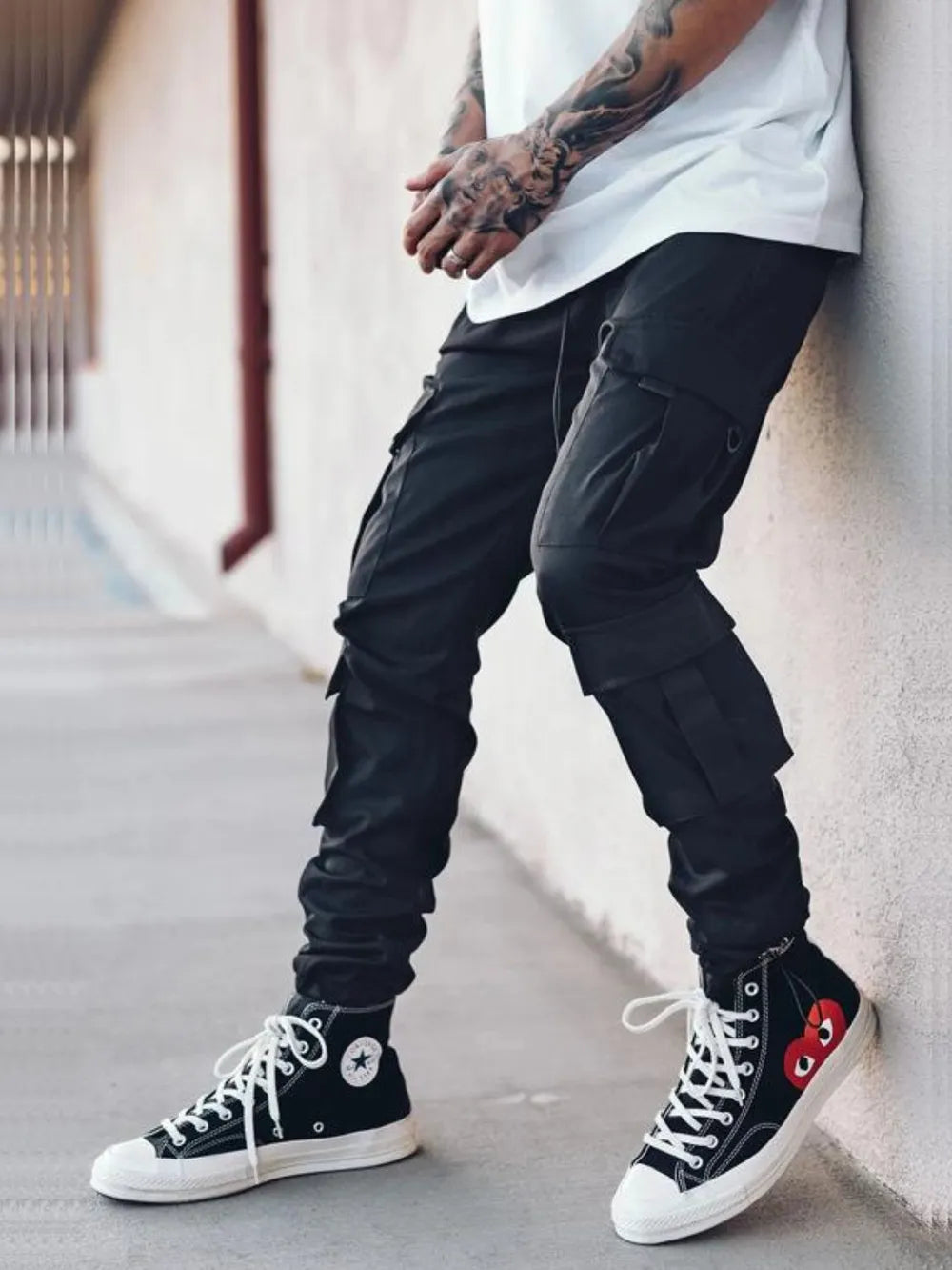 Men's Drawstring Pants with Cargo Pockets Black