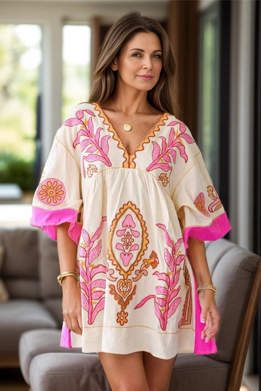 Printed V-Neck Three-Quarter Sleeve Mini Dress Pastel Yellow