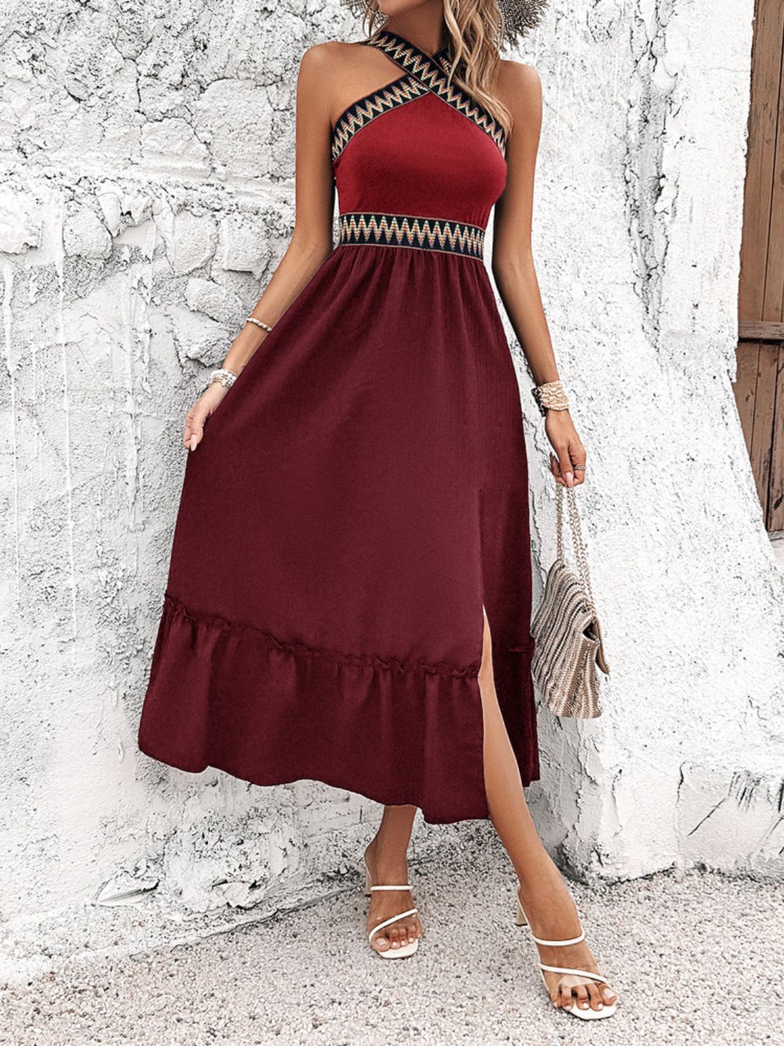 Devine Ruffled Slit Sleeveless Midi Dress