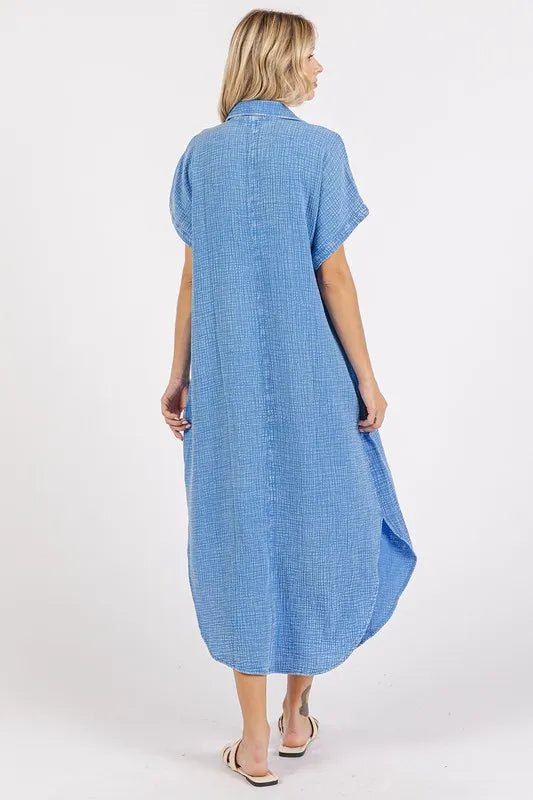 Mittoshop Mineral Wash V Neck Button Up Midi Shirt Dress