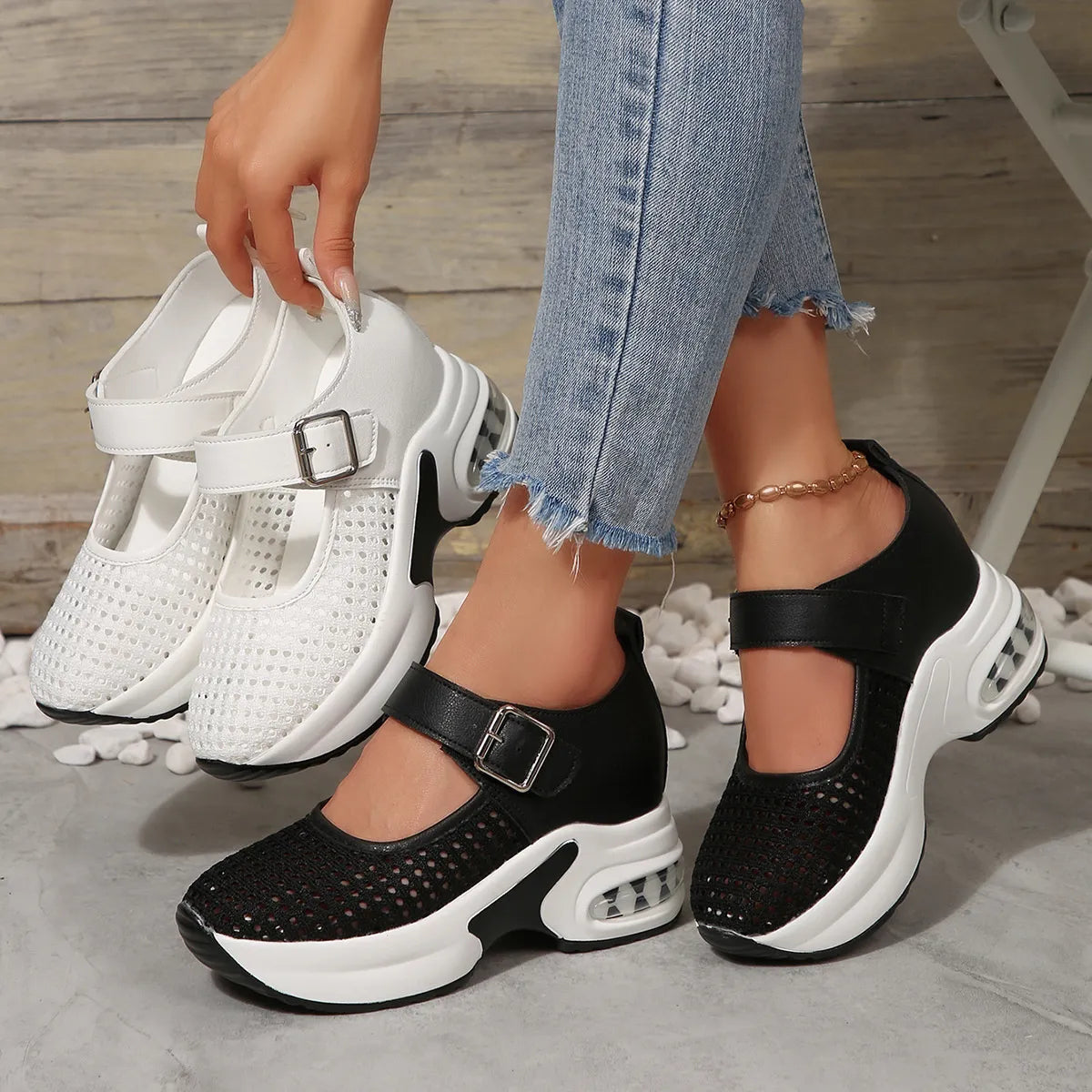 women's breathable mesh platform sneakers - styled view