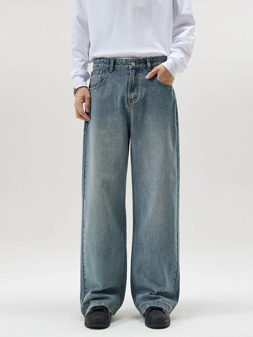 men's men's full size vintage wash wide leg jeans plus size - main product image
