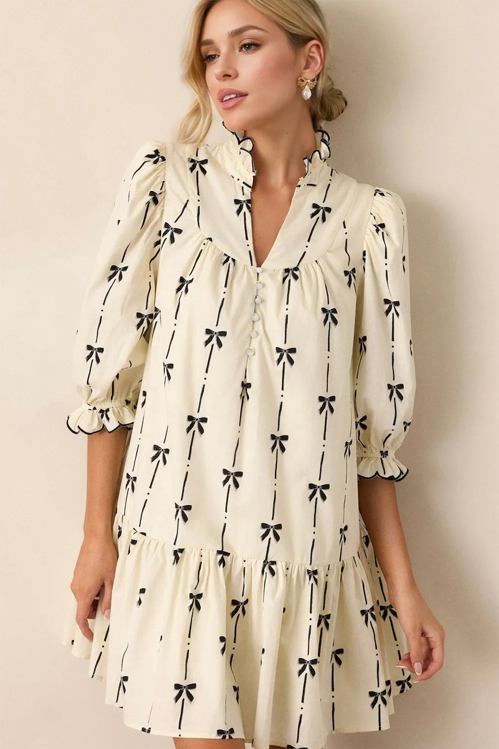 Oh Full Size Frill Bow Print Half Sleeve Mini Dress Ivory