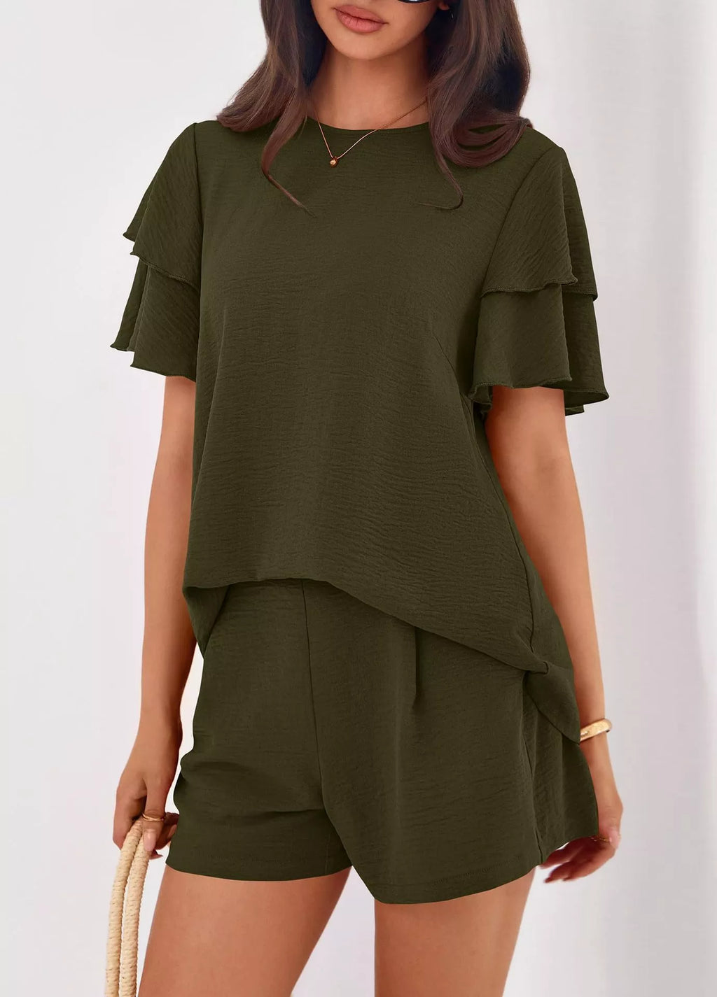 women's ruffle sleeve top and shorts two-piece set - additional image