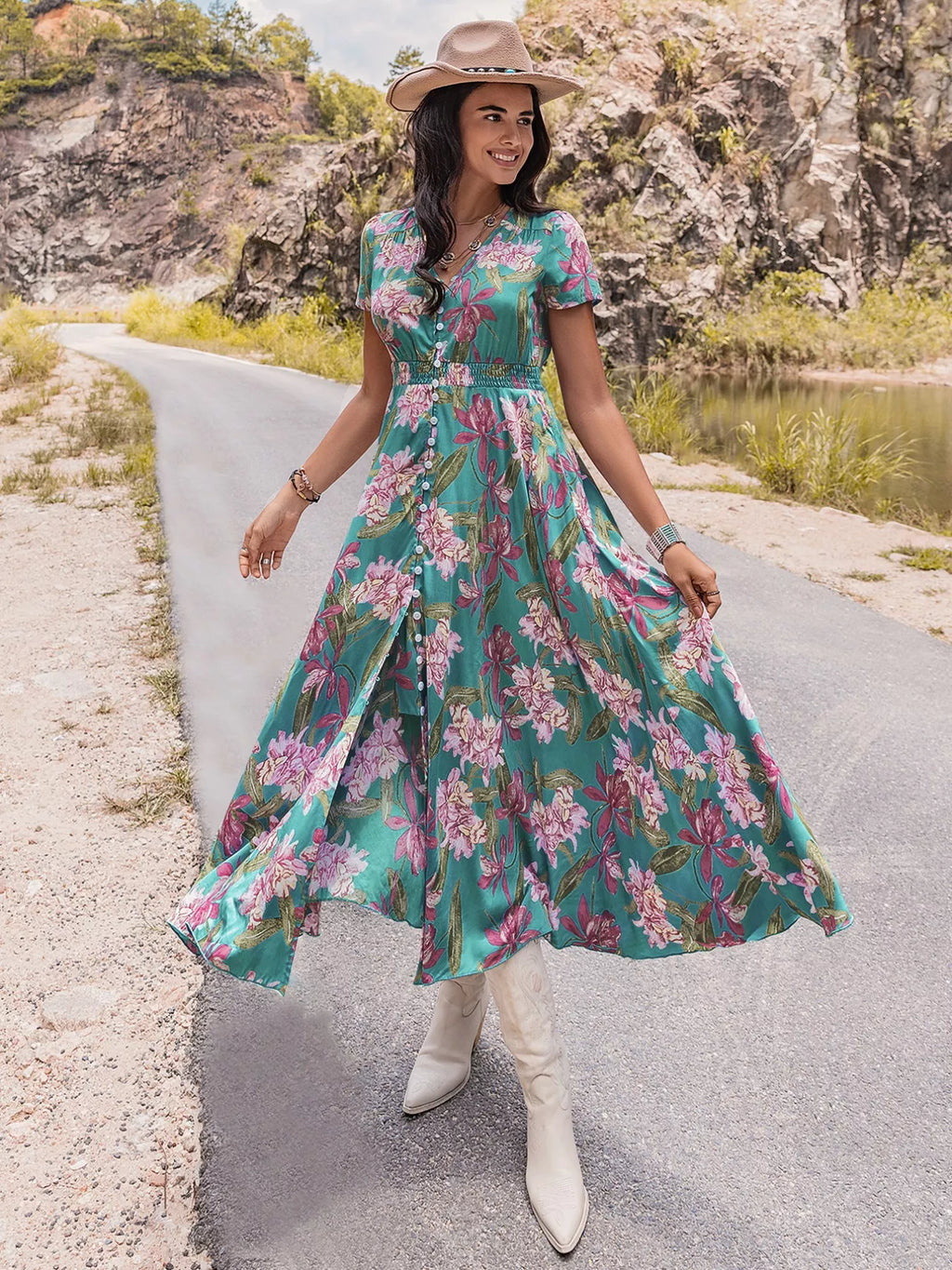 women's floral print short sleeve dress - back view