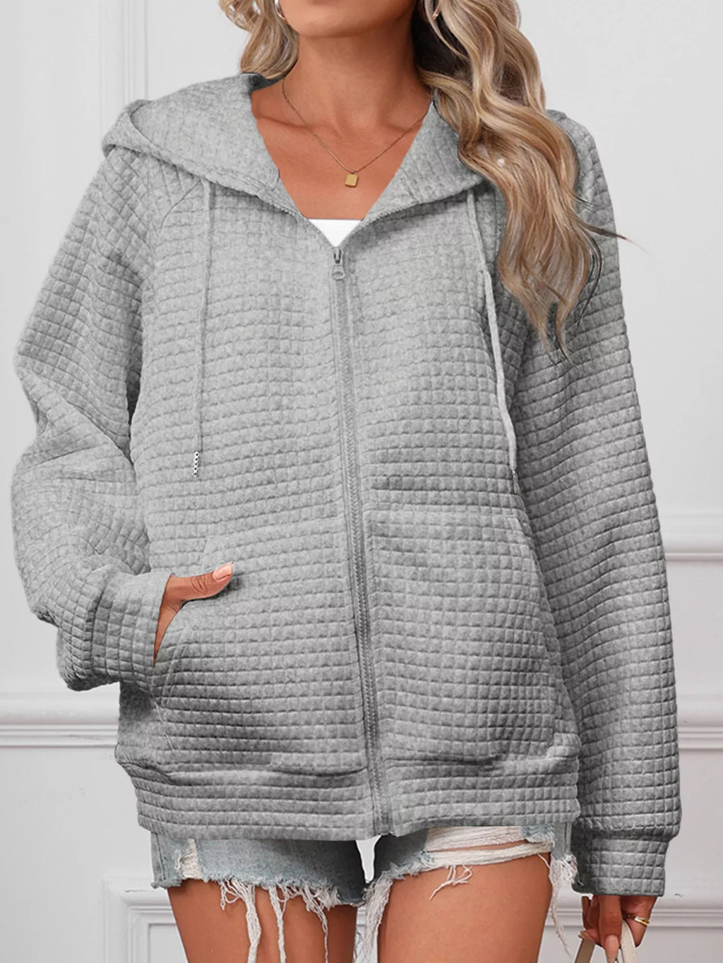 women's full size textured quilted zip-up hooded jacket plus size - product detail
