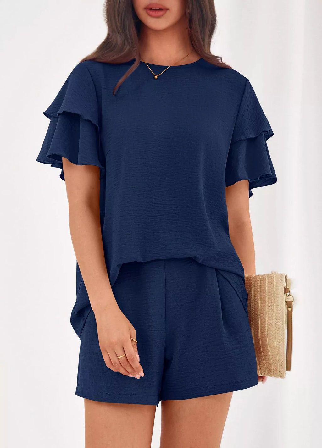 women's ruffle sleeve top and shorts two-piece set - extra view