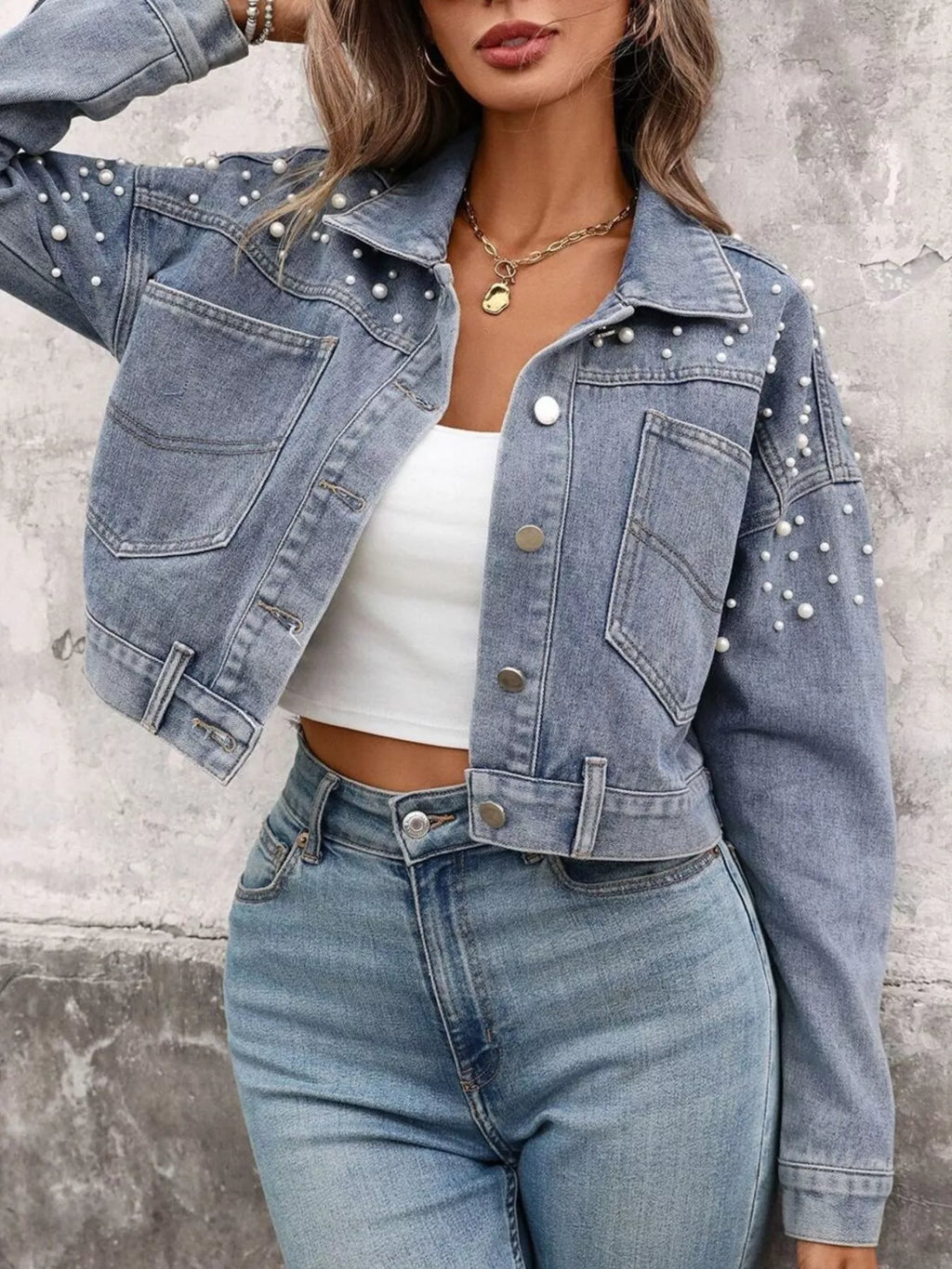 women's pearl embellished cropped denim jacket - lifestyle shot