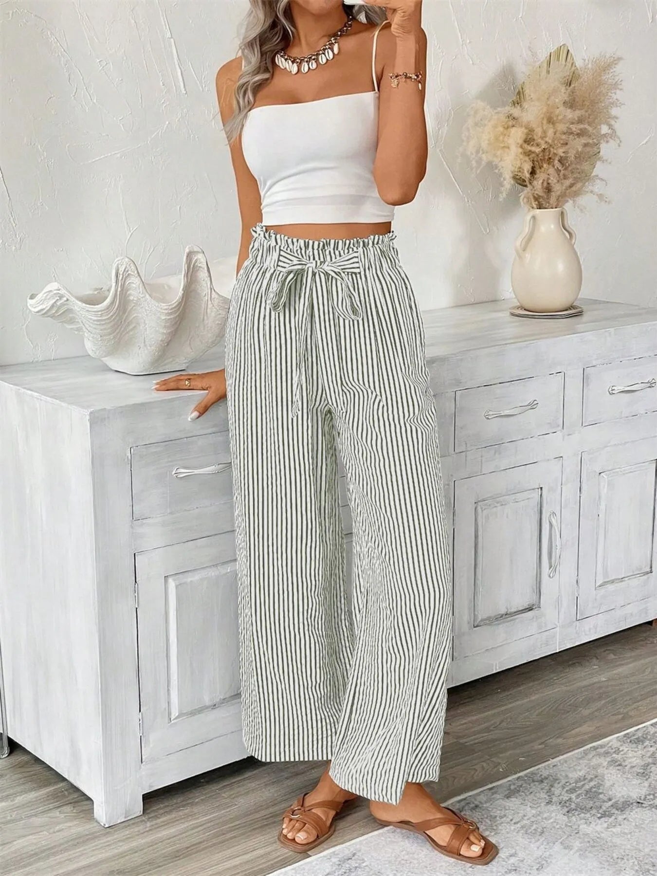 Full Size Striped Wide Leg Paper Bag Pants Plus Size Army Green
