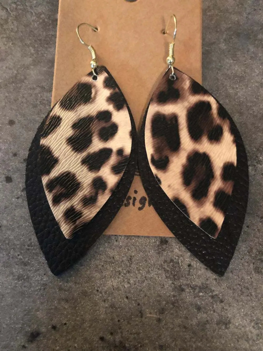 PU Leather Leaf Dangle Earrings Black Leopard One Size