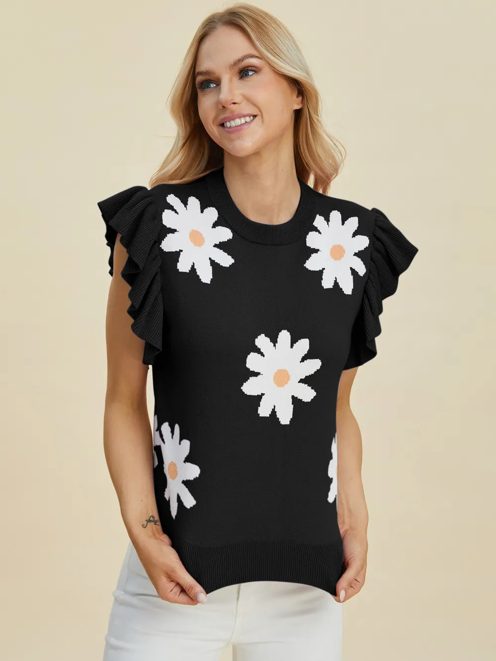 Double Take Full Size Ruffled Flower Round Neck Cap Sleeve Sweater Black