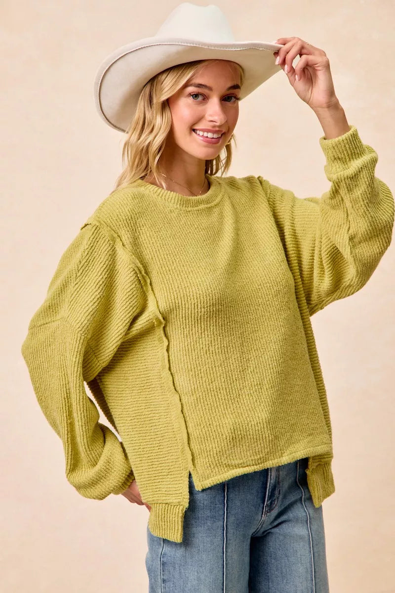 women's bibi boucle rib knit uneven hem sweater with open seam - extra view