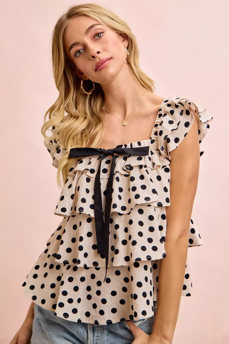 women's bibi polka dot ruffled bow tied square neck sleeveless top - product detail