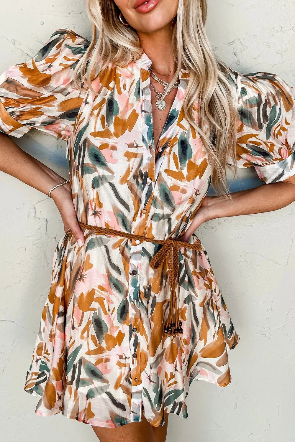 Printed Notched Short Sleeve Mini Dress Brown