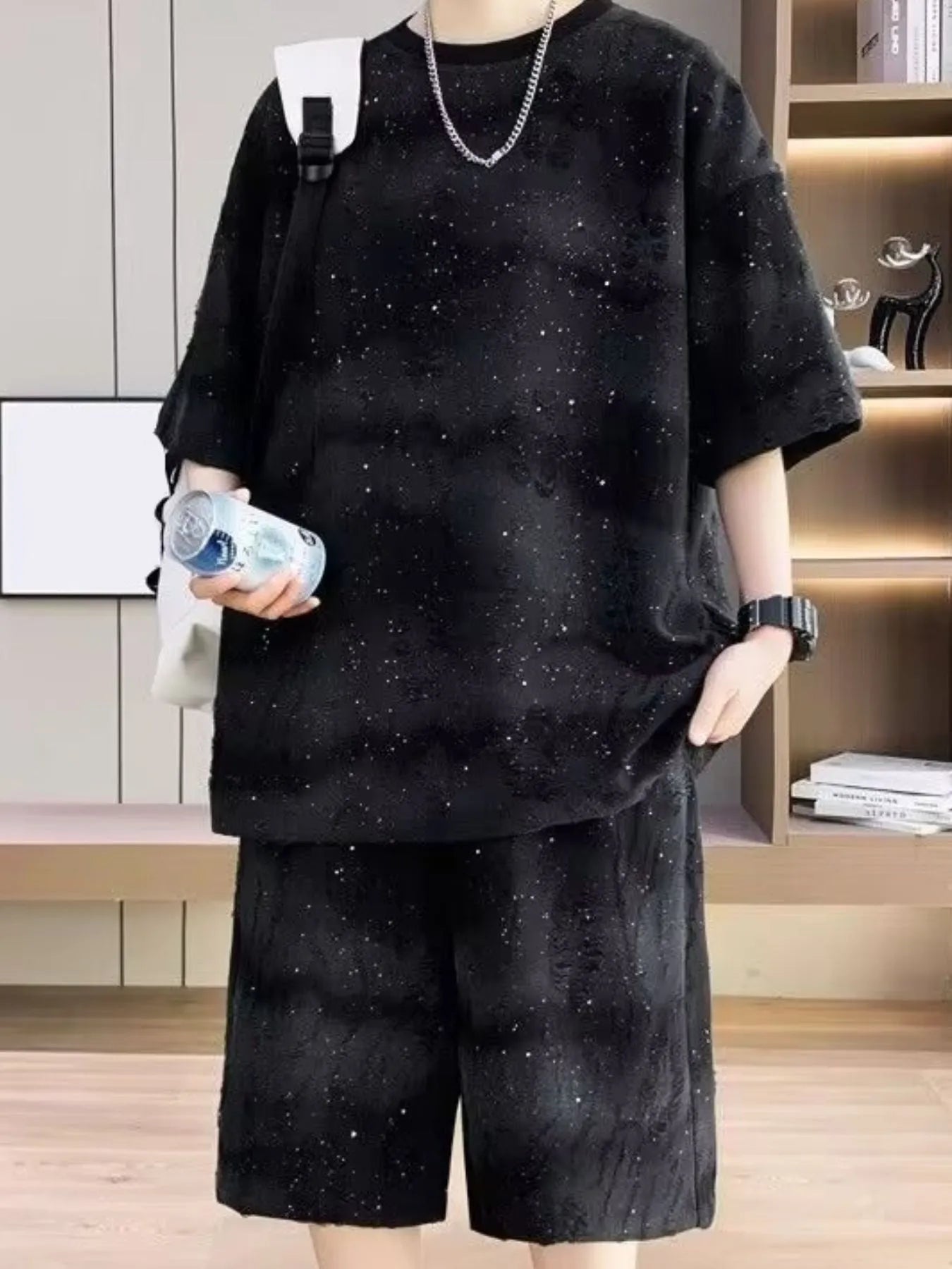men's men's full size round neck half sleeve top and shorts set plus size - second view