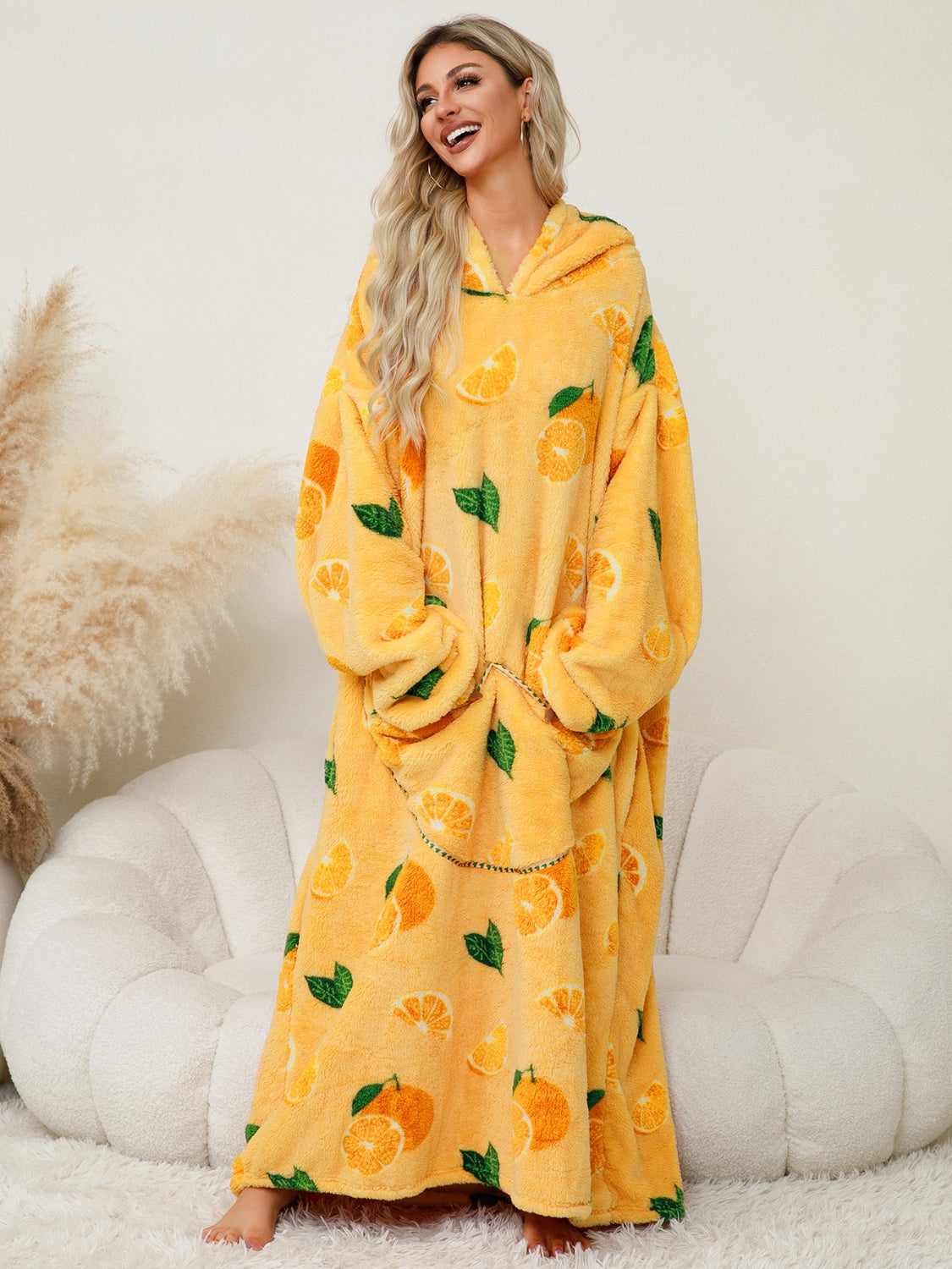 Fuzzy Pocketed Long Sleeve Hooded Lounge Dress Yellow One Size