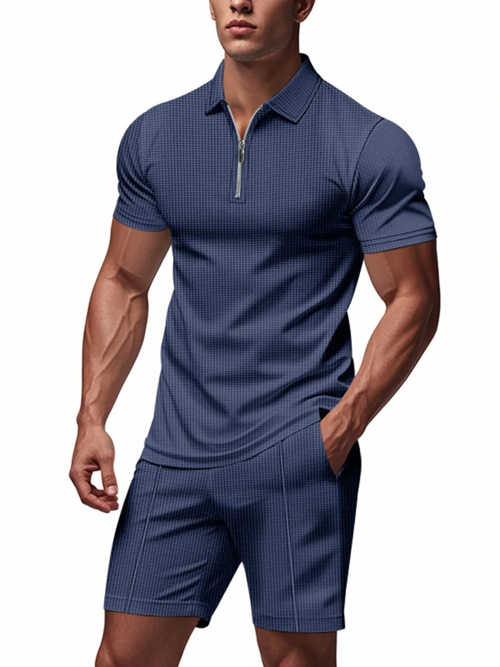 men's men's plus size quarter zip short sleeve top and shorts set - styled view